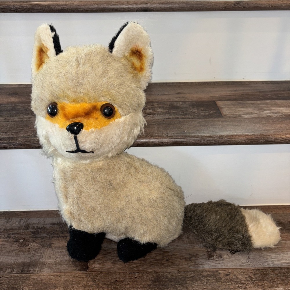 Vintage Fox Plush 16" Hard Stuffed Animal Sitting Orange Eyes Farmhouse Decor